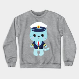 Sailor Cat, Sailor Hat, Boat Captain, Blue Cat Crewneck Sweatshirt